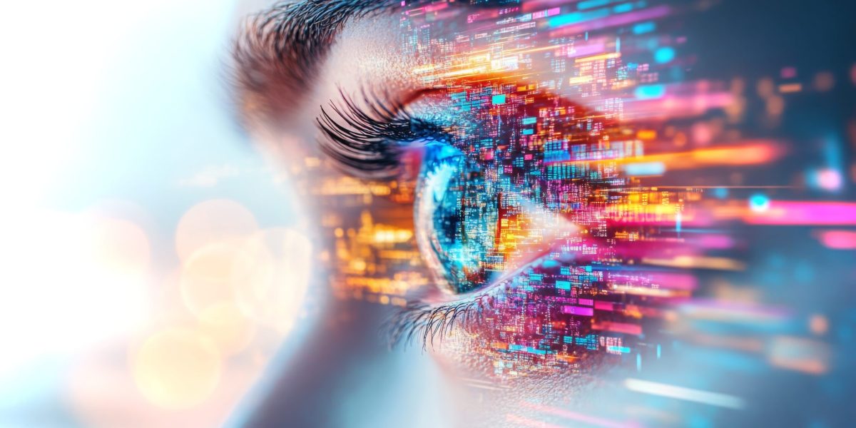 A close-up of an eye merges with vibrant digital data streams, illustrating the intersection of technology and human perception in stunning detail.