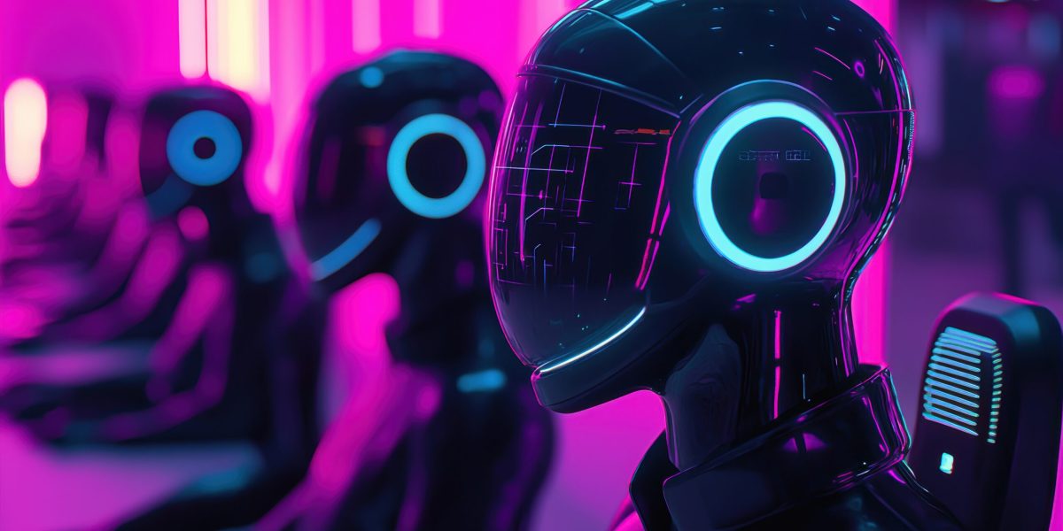 A high-tech call center featuring a seamless blend of human agents and ai-powered robots. the scene is illuminated with neon lights, the advanced technology and modern design elements, emphasizing innovation and efficiency.