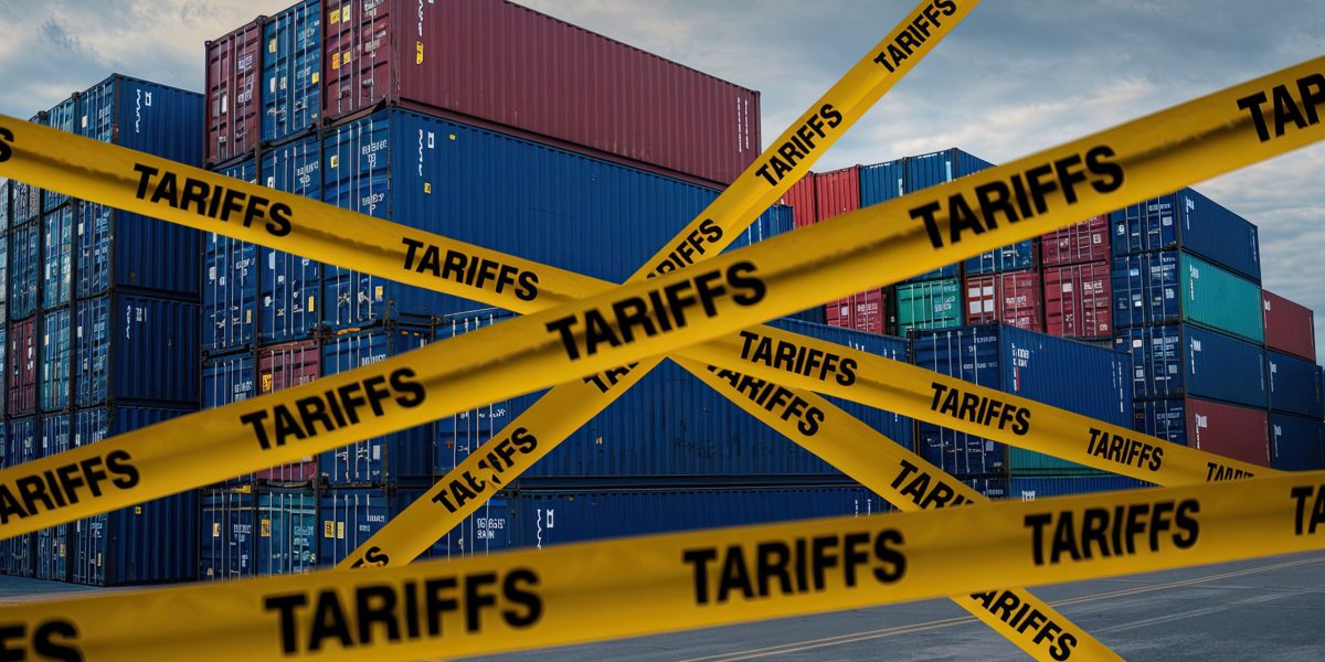 American tariffs. Cargo Containers in Port with Yellow 'TARIFFS' Caution Tapes and American Flag Design, Overcast Sky Background. Conceptual image of tariffs