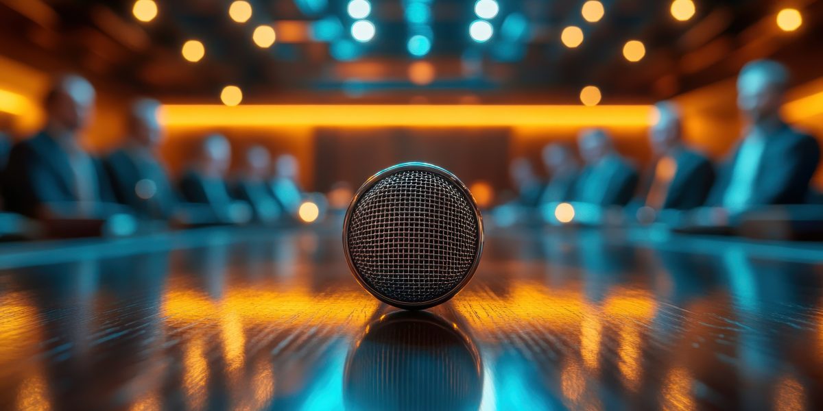 A macro shot of a silver mesh microphone head on a polished wooden table, blurred business executives in the background, taken with an Olympus OM-D E-M1 Mark III and a 60mm f/2.8 macro lens, subtle reflections, elegant ambiance, realistic, detailed, 12K, best photo, --chaos 35 --ar 16:9 --style raw --stylize 350 --v 6.1 Job ID: cb9c37d8-aa58-4e35-bf3f-df77a8a8d8ab