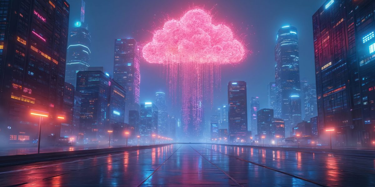 Futuristic cityscape with digital cloud computing above skyscrapers. Reflective wet road. Cyberpunk, neon lighting data transfer concept. Hybrid cloud integration architecture design. Digital
