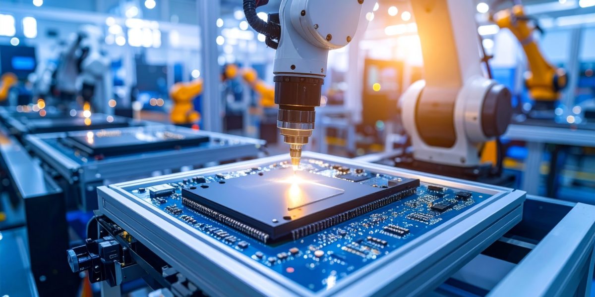 Robotic arm assembling microchips onto circuit board in smart factory environment showcasing precision technology and automation. Ideal for industrial automation and smart factory