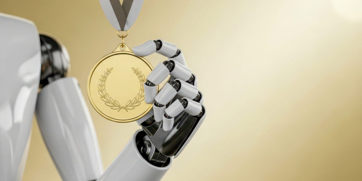 Close-up of a sleek robot hand lifting a gold medal with laurel wreath on a warm studio background with copy space. Ideal for themes of technology leadership, award, success, excellence, and artificial intelligence achievement.