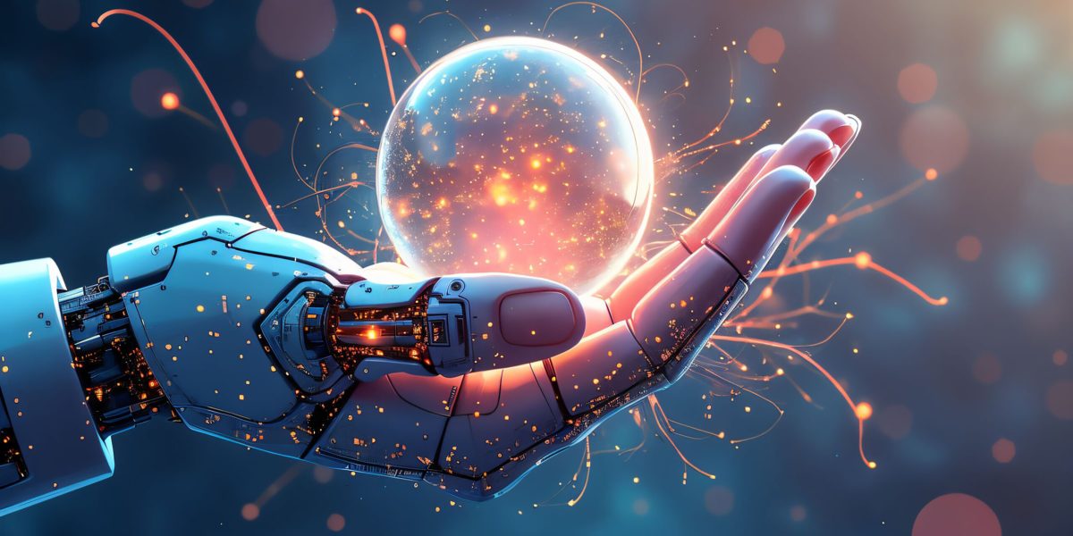 Futuristic robotic arm holds glowing energy orb, representing innovation, technology, and the power of artificial intelligence in a modern world