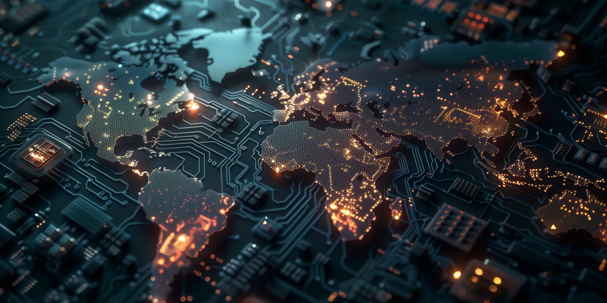 Tech conflict over semiconductor supply chain geopolitics highlighted by integrated circuits in maps. Concept Technology, Semiconductor Supply Chains, Geopolitics, Integrated Circuits, Maps