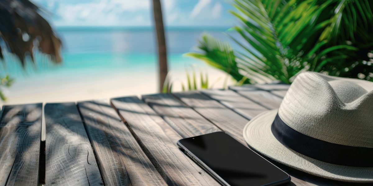 Close up of phone and hat on wooden beach terrace background with mockup tech display