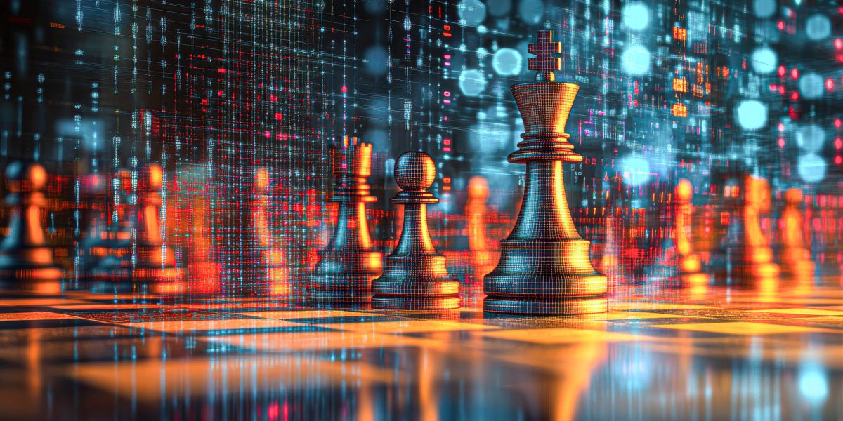 A chess board with a few pieces on it, including a king. The board is surrounded by a blue and red background, giving the impression of a futuristic or digital setting