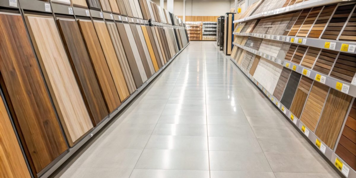 Aisle of wooden flooring samples in a home improvement store. budget Home Renovation and Flooring Concepts